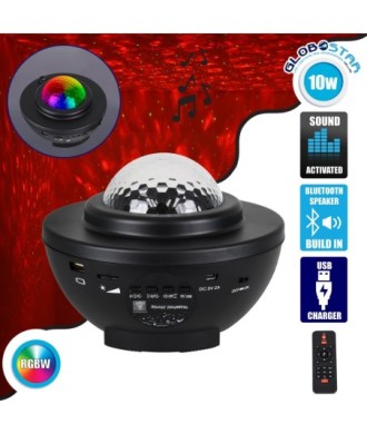 GloboStar® 85817 Μαύρο Επιτραπέζιο Διακοσμητικό Φωτιστικό Ειδικών Εφε NIGHT GALAXY WORLD 3D LED 10W DC 5V 2200mAh Επαναφορτιζόμενο με Bluetooth Speaker - Sound Activated - Καλώδιο Τροφοδοσίας USB και Ασύρματο Χειριστήριο RF 2.4Ghz Πολύχρωμo RGBW Dimmable